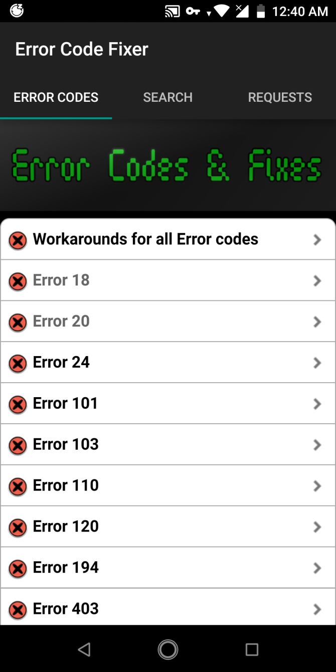 error codes and fixes app interface