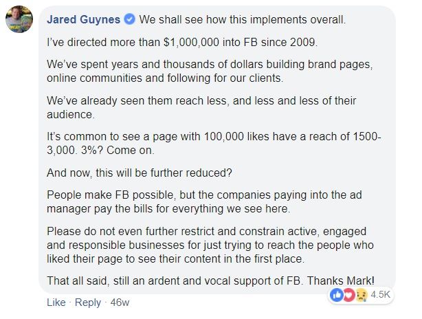 Comment about Facebook reach on Mark Zuckerber's post