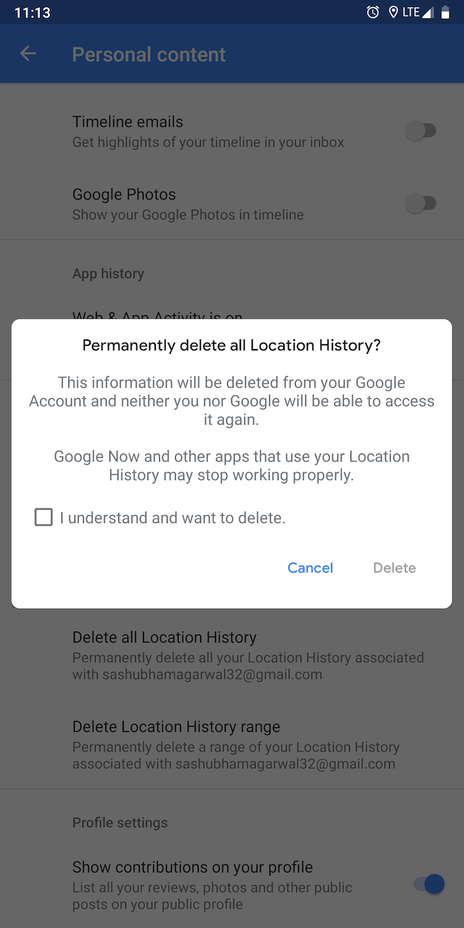 Delete Location History on Google Maps