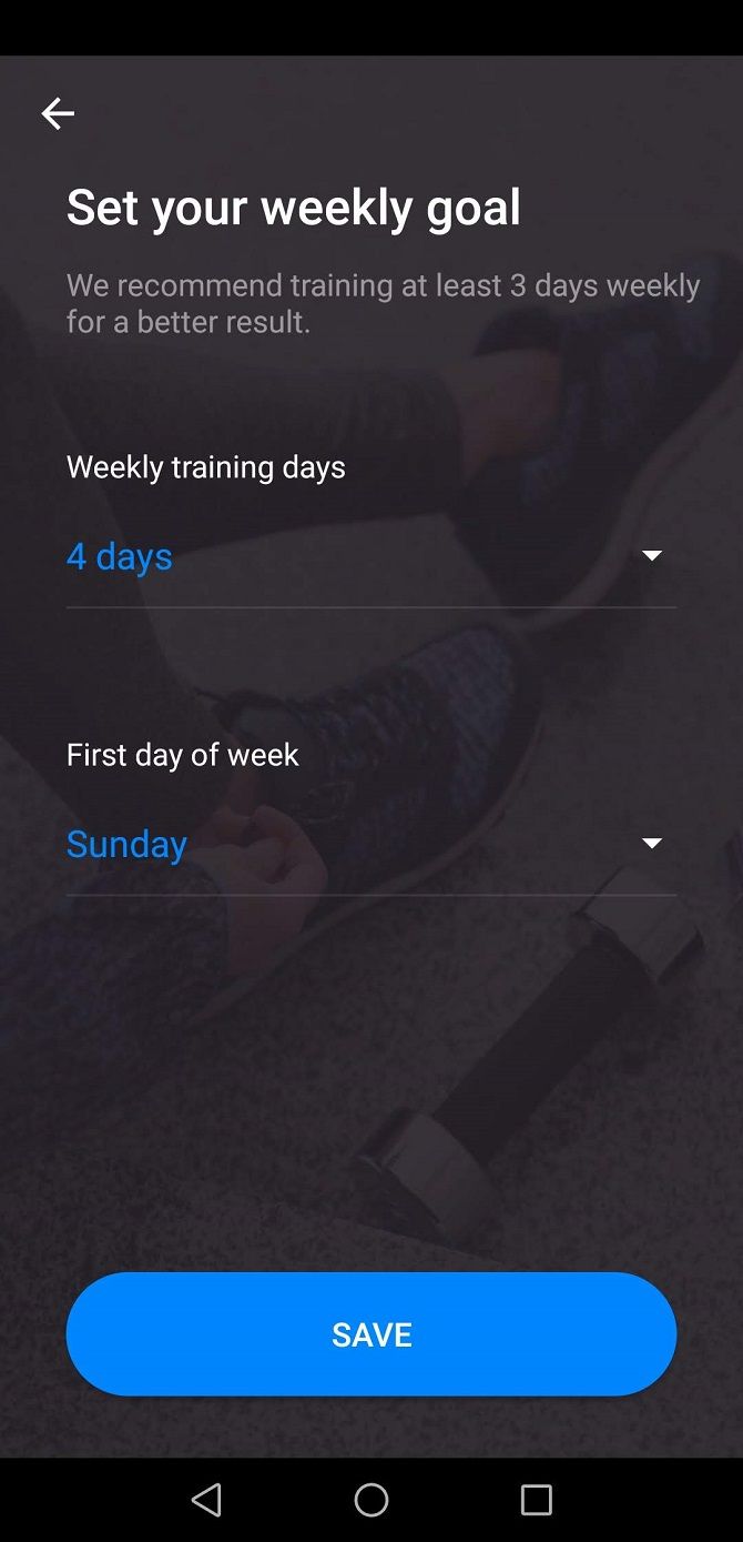 home workout app weekly goals page
