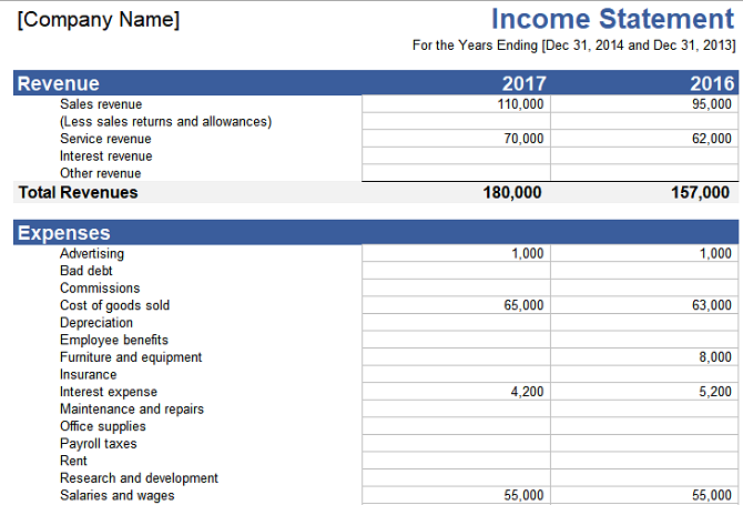 income statement free spreadsheet