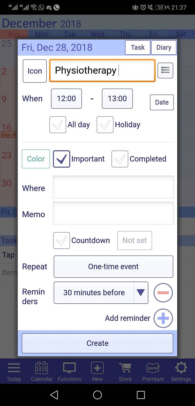 jorte calendar app create event