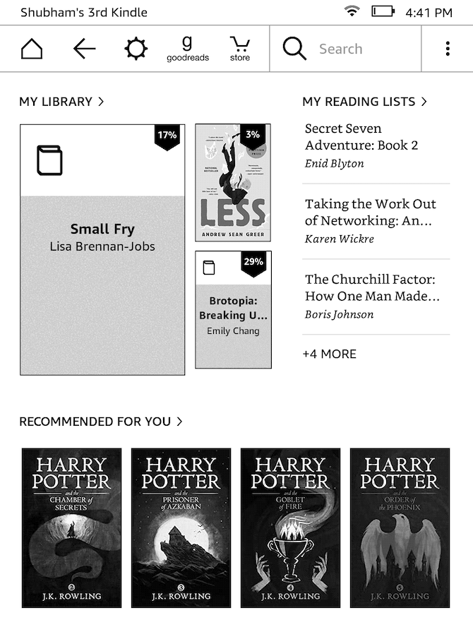 Kindle página inicial recomendações