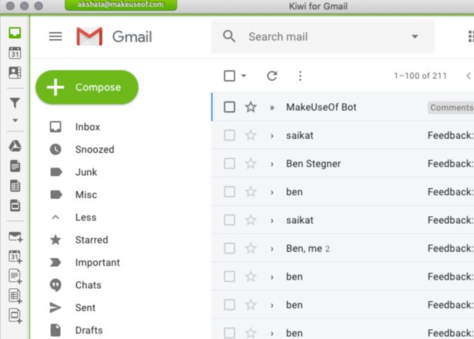 Kiwi for Gmail's default inbox interface on Mac