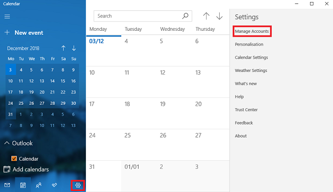 manage accounts on windows calendar app