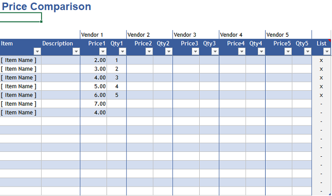 price comparison free spreadsheet