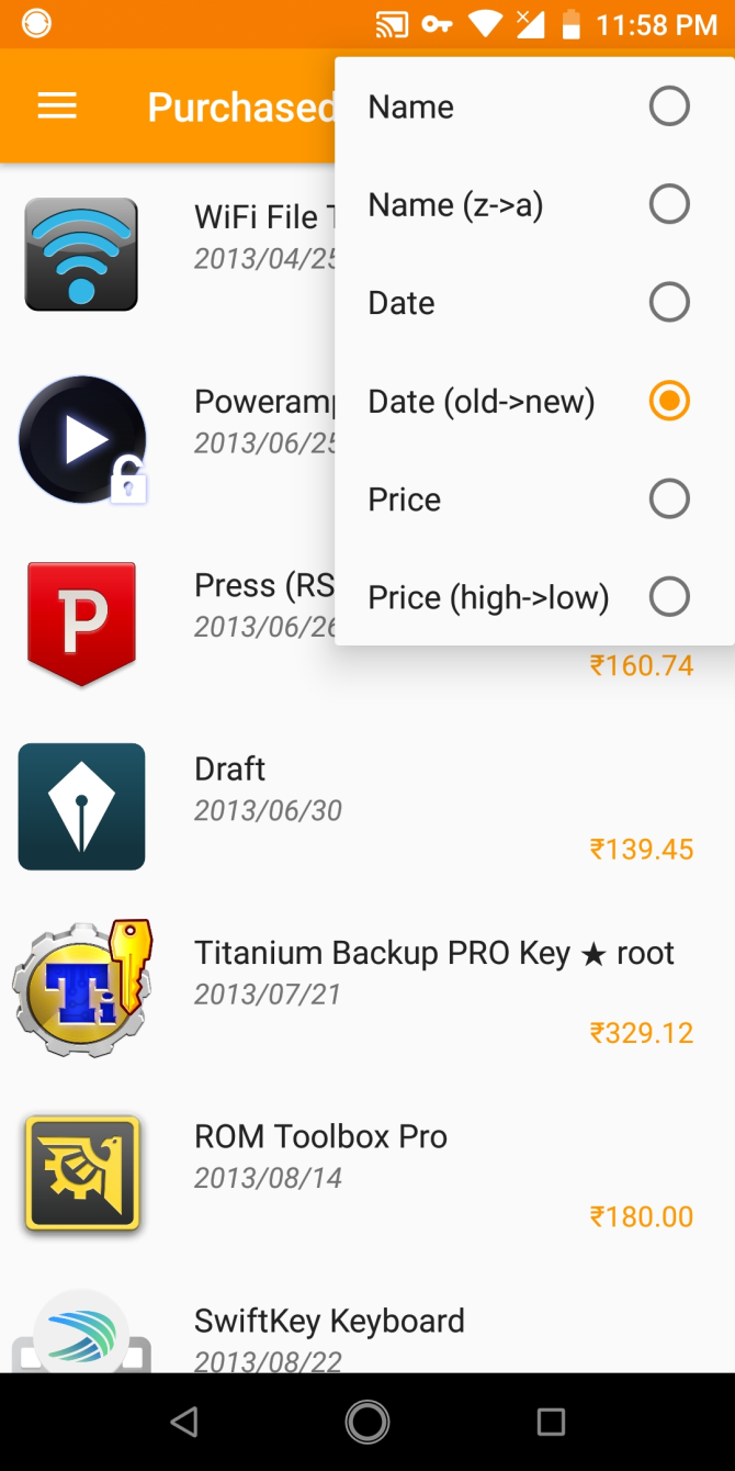 sort purchases in purchased apps