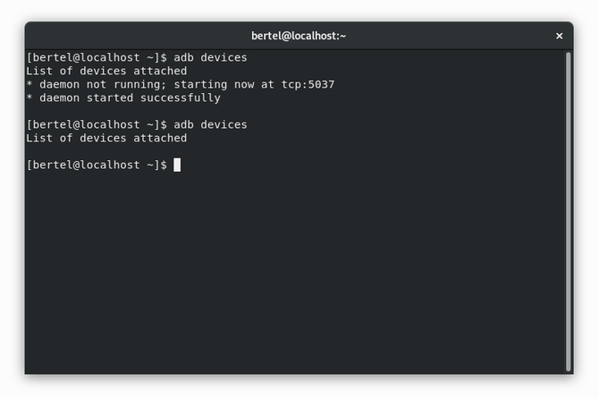 Linux terminal showing the "adb devices" command with no result