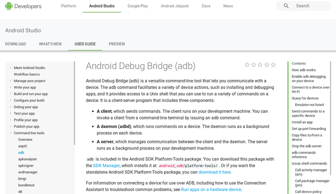 Android Developers webpage describing ADB