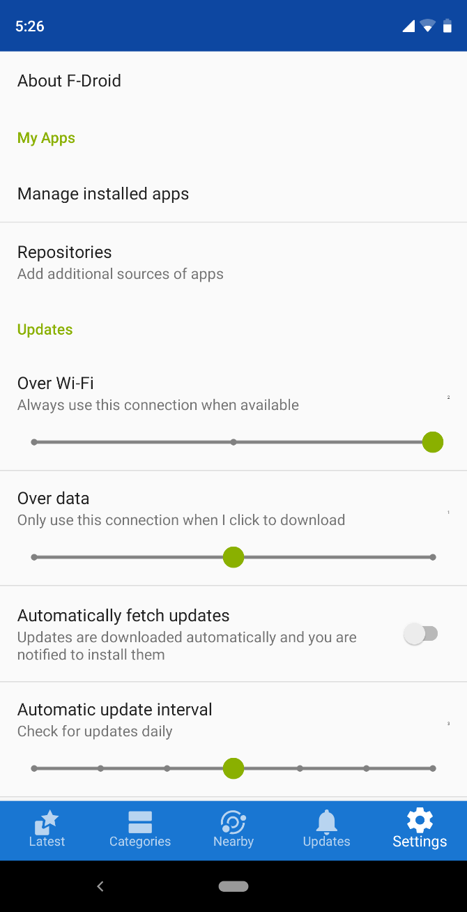 F-Droid Android app store menu