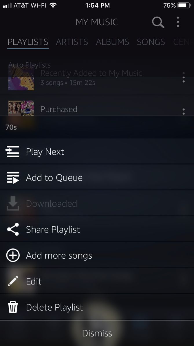 Amazon Music Playlist Options on iPhone