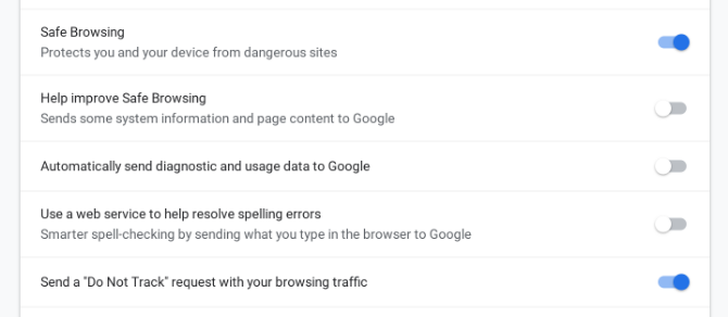 Google Chrome safe browsing and do not track settings