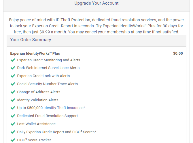 Experian Paid Account Upgrade
