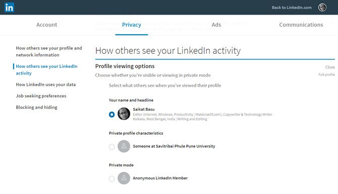LinkedIn Profile Visibility Settings Page