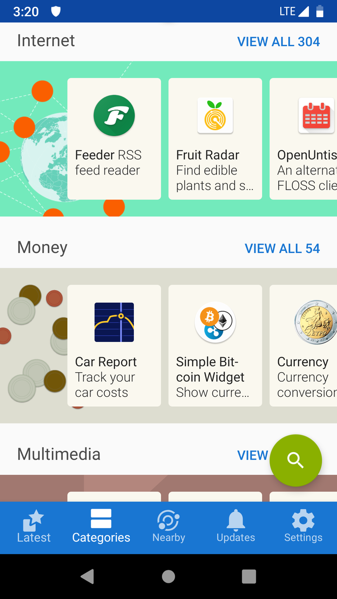 F-Droid app store listing app categories