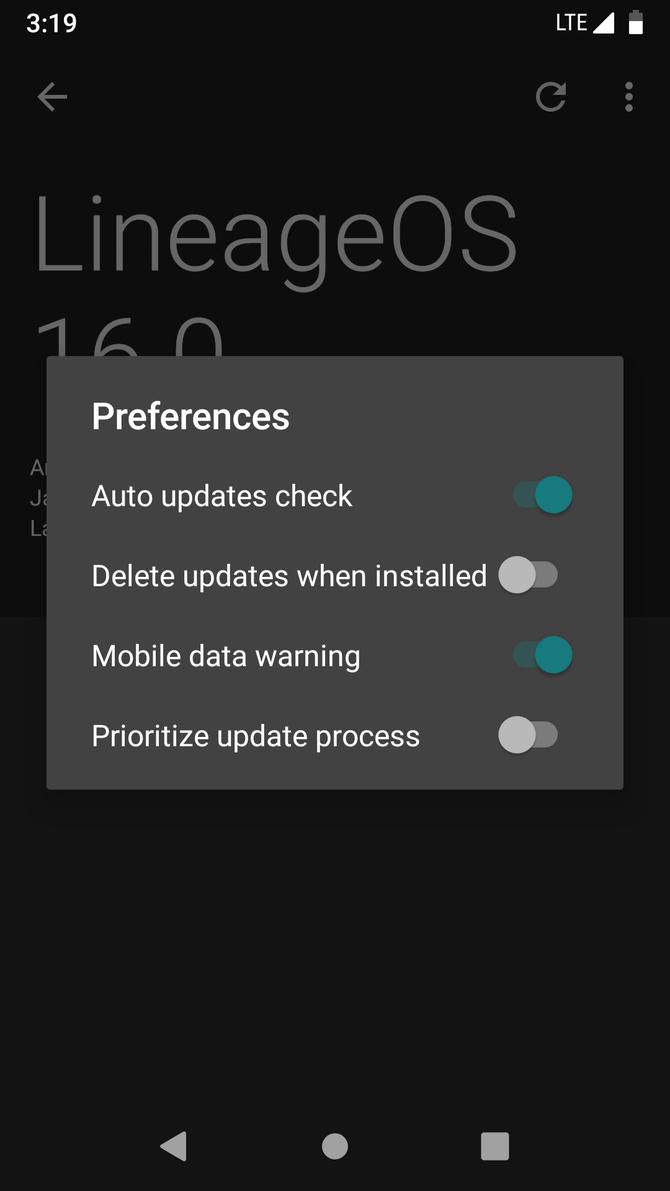 LineageOS settings for system updates
