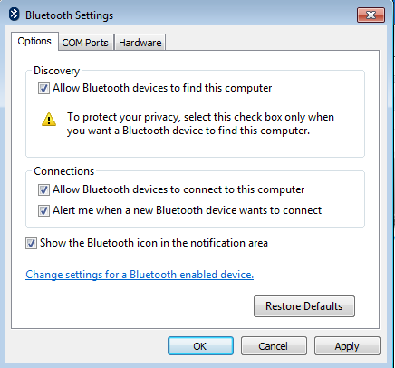 Windows 7 Bluetooth Options