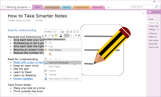 copy link to paragraph in OneNote