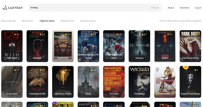 LazyDay offers a comprehensive search engine for movies as well as random picks
