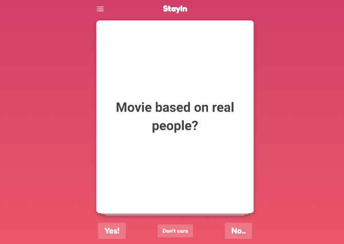 find movies to watch quickly with StayIn and its tinder-like questionnaire