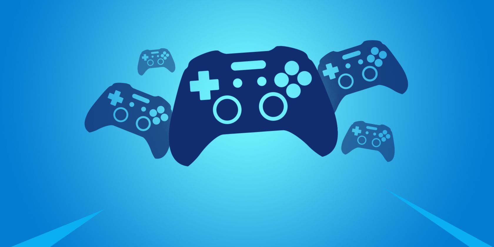 4 games console controllers in a blue background