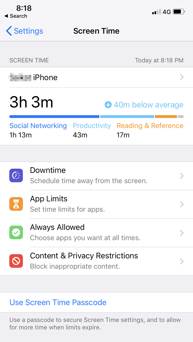 Screenshot of iOS Screen Time Feature