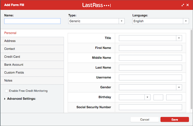 Lastpass Form fill profiles