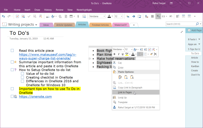 turn todo list into different pages in onenote