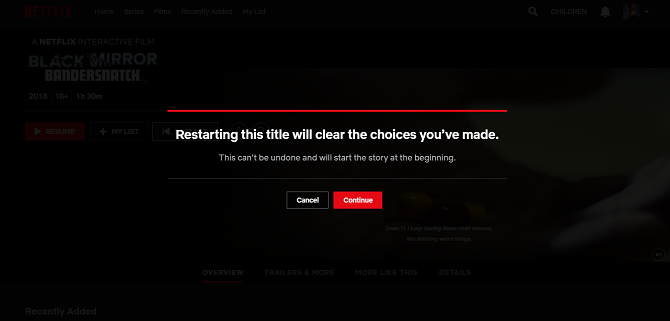 Netflix Black Mirror: Bandersnatch restart dialog