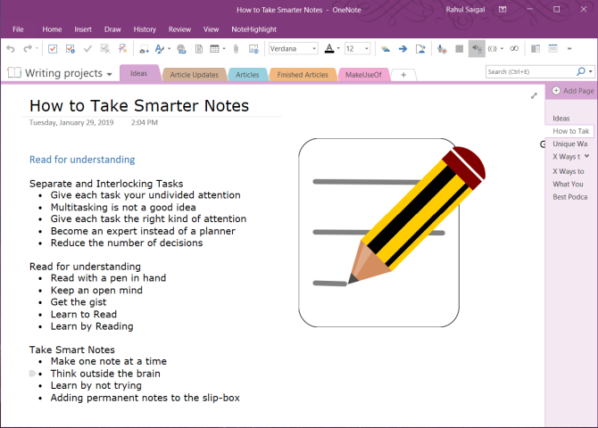 outlining in OneNote 2016