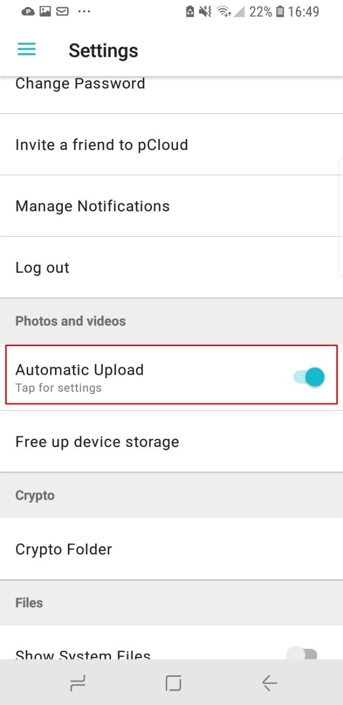 pCloud android automatic upload settings