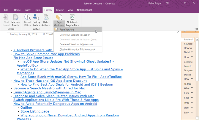 page versions in OneNote 2016