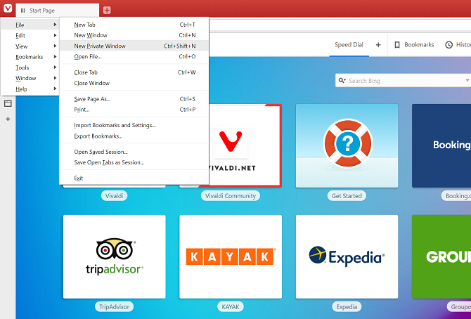 vivaldi open private browser window menu