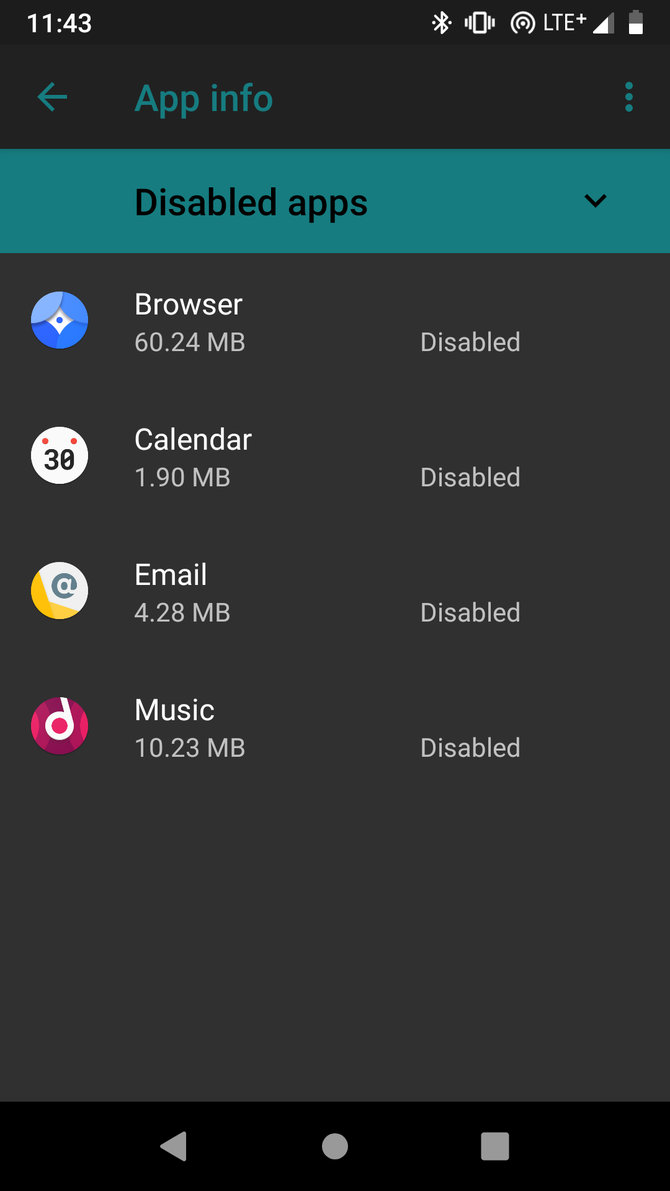 Android settings listing disabled apps