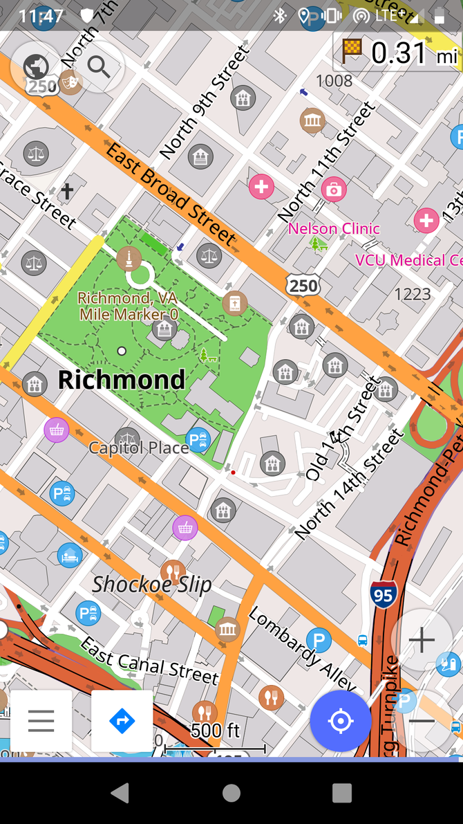 OsmAnd Android navigation app showing downtown Richmond