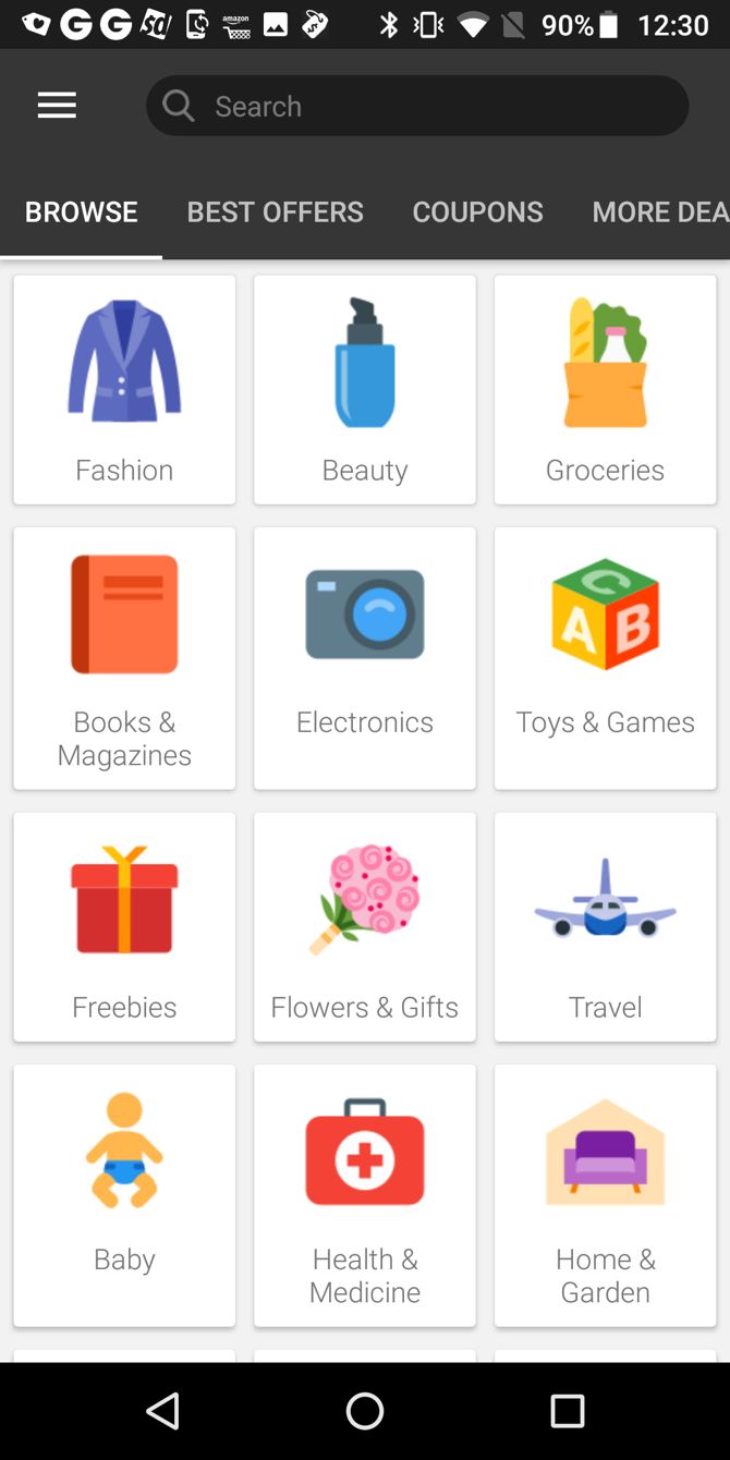 Coupons Buddy categories on Android