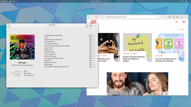 GNOME desktop displaying GNOME Music and Web apps