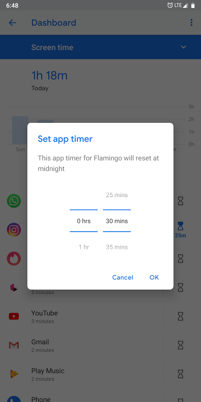 Digital wellbeing app timers