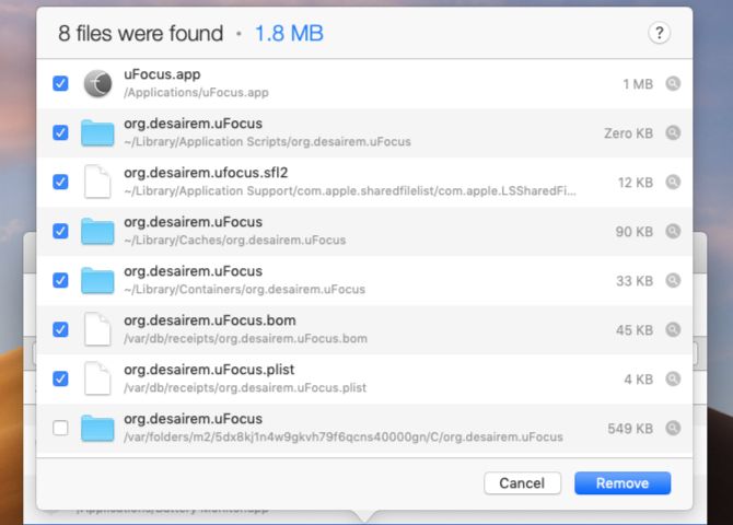 Files found for removal in AppCleaner on macOS