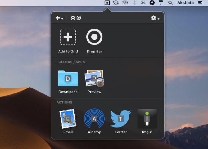 Dropzone menu bar panel preview on macOS