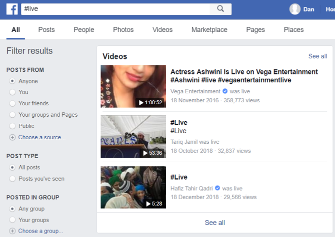 searh for a particular video on facebook timeline