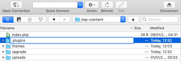 ftp client screen showing renaming plugins folder