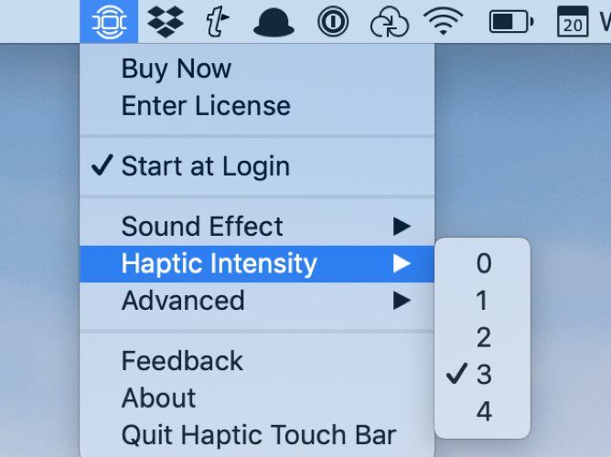 The Haptic Touch Bar settings menu