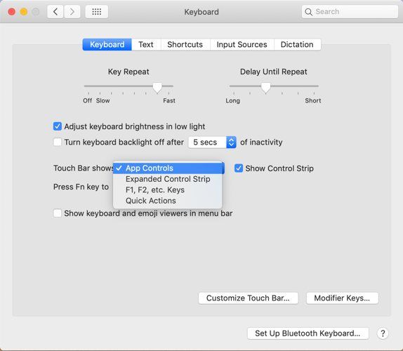 Touch Bar settings in the macOS Keyboard Preferences