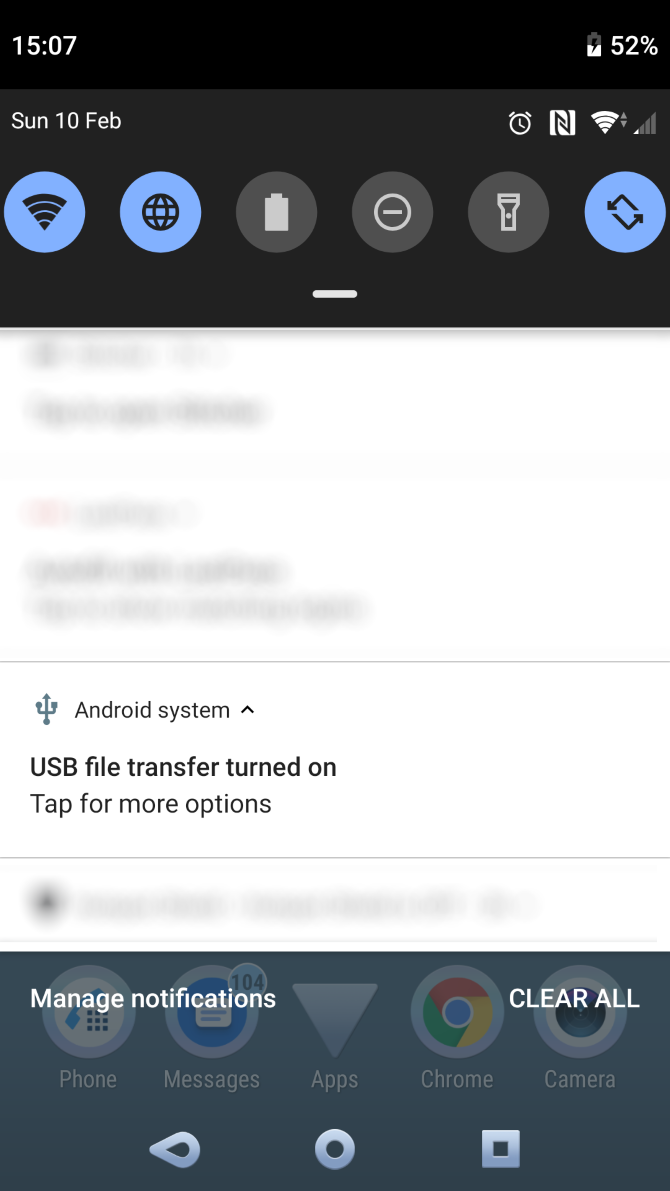Enable USB file transfer from the Notification area