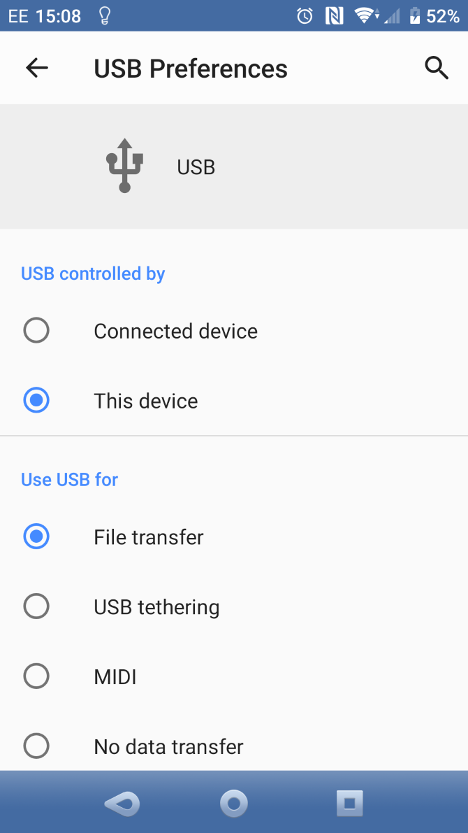 Zkontrolujte nastavení USB použít pro přenos souborů