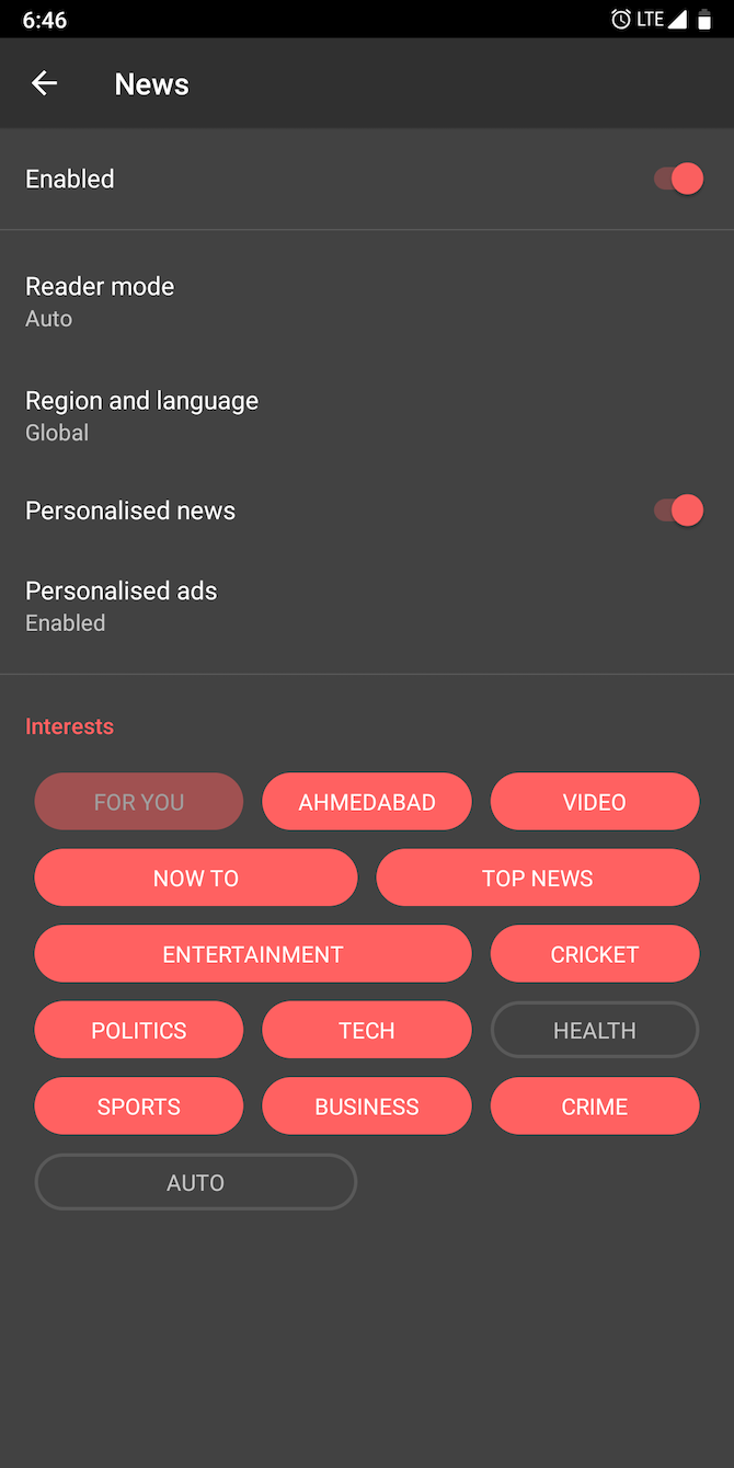 News settings Opera Mobile