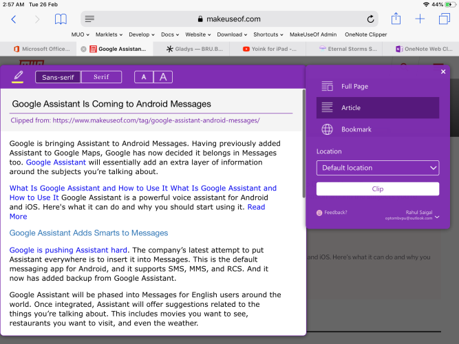 OneNote clipper in action