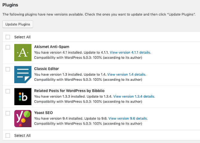 wordpress updates available screen