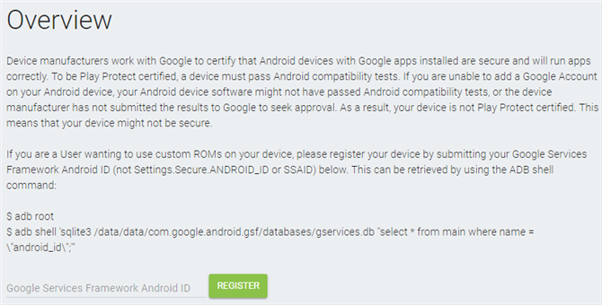 registration screen for unregistered Android devices